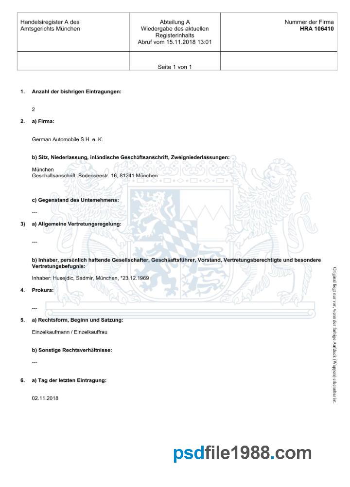 Germany District Court of Munich Business Registration